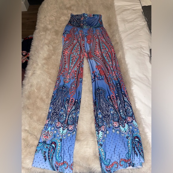 Uptown Pants - Elegant Blue and Red Paisley Wide-Leg Jumpsuit